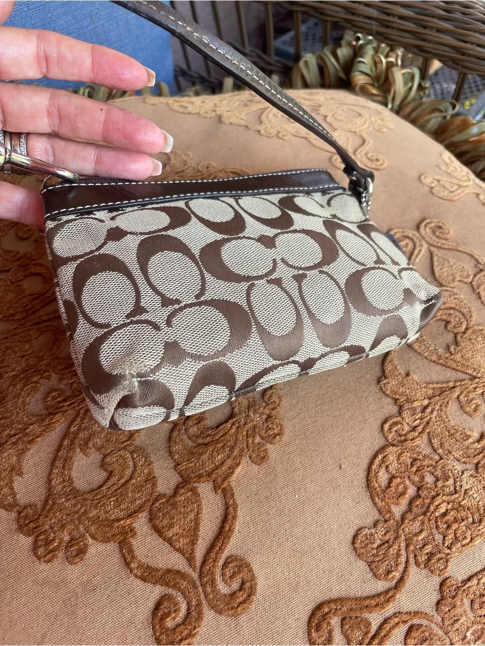 Coach Khaki and Brown Signature Canvas Wristlet